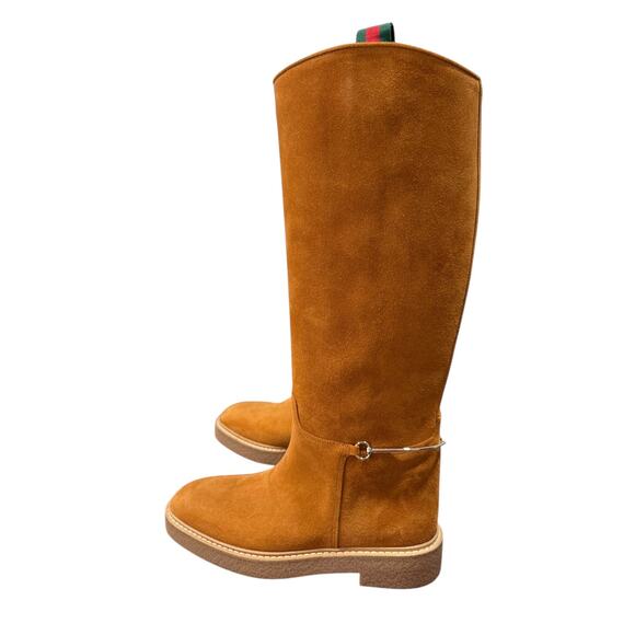 Gucci Edith Tall Knee-High Suede Riding Boots Cognac Horsebit Web EU 39 - Picture 10 of 14